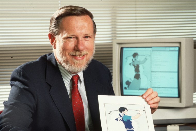 Charles Greschke, vice president of Adobe, shows off a drawing from the company's computer software on July 29, 1987.
