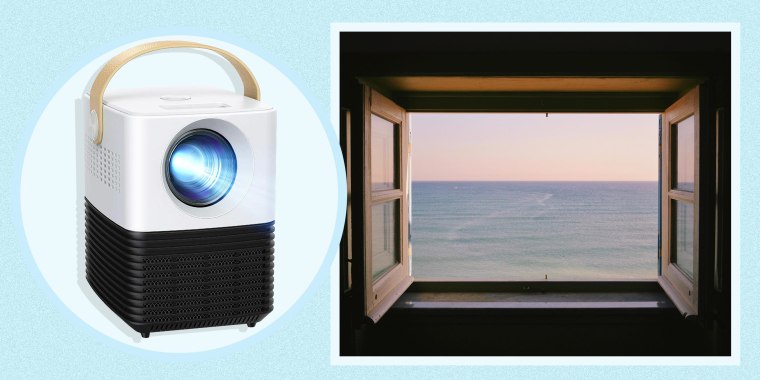 Illustration of a Window looking at a scenic beach view and the Apeman HD Portable Movie Projector