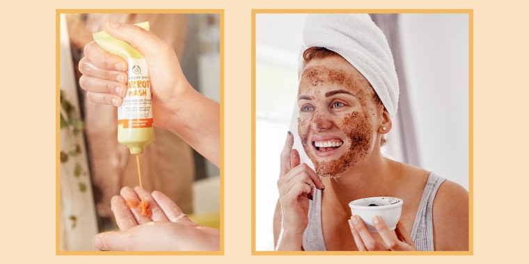 Illustration of a Woman squeezing a bottle of The Body Shop Carrot Cream Moisturizer in her hand and a Woman applying a coffee rub on her face