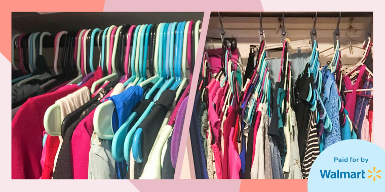 Illustration of before and after showing Chrissy Callahan's closet organized using As Seen on TV Wonder Hanger MAX Closet Storage Organizer