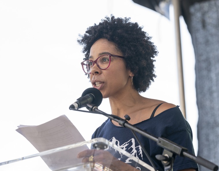 Marine biologist Dr. Ayana Elizabeth Johnson speaks on stage