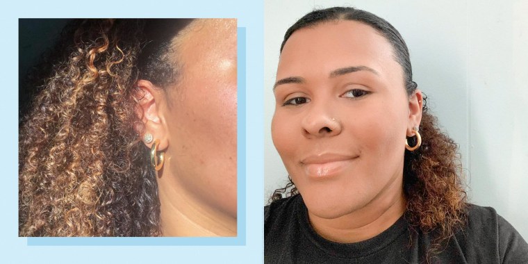 Two images of Kamari Stewart wearing medium gold hoop earrings