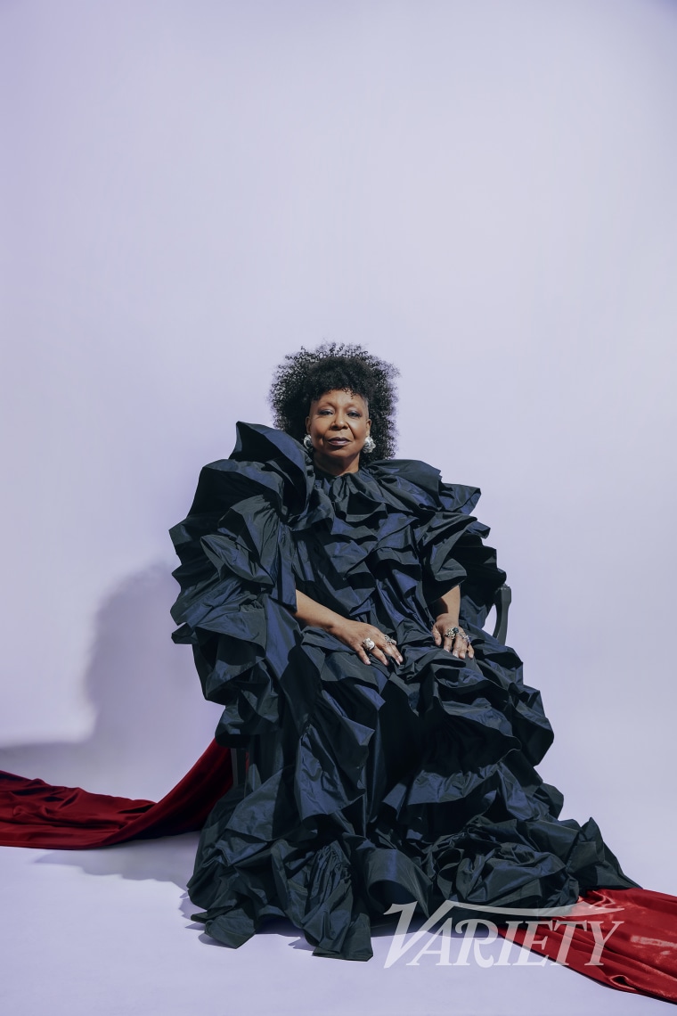 whoopi goldberg dress designer Whoopi Goldberg Gleams in Liquid Metal Dress by Christian Siriano on 2025 Oscars Red Carpet with Daughter Alex Martin