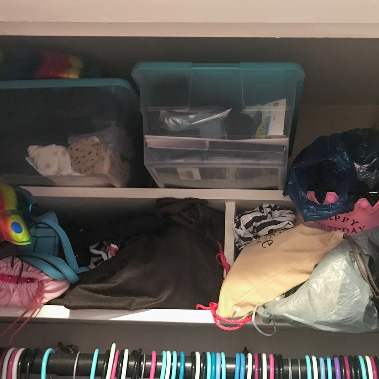 Chrissy Callahan shows her before photo of her disorganized closet, before organizing it with Walmart organizer product 