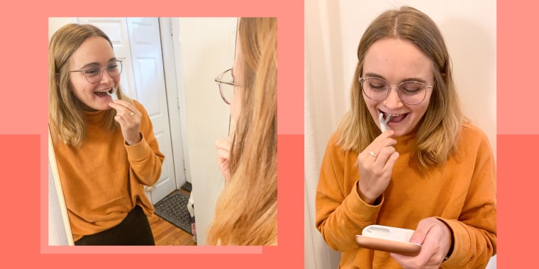 Two images of Emma Stessman using reusable floss from Quip