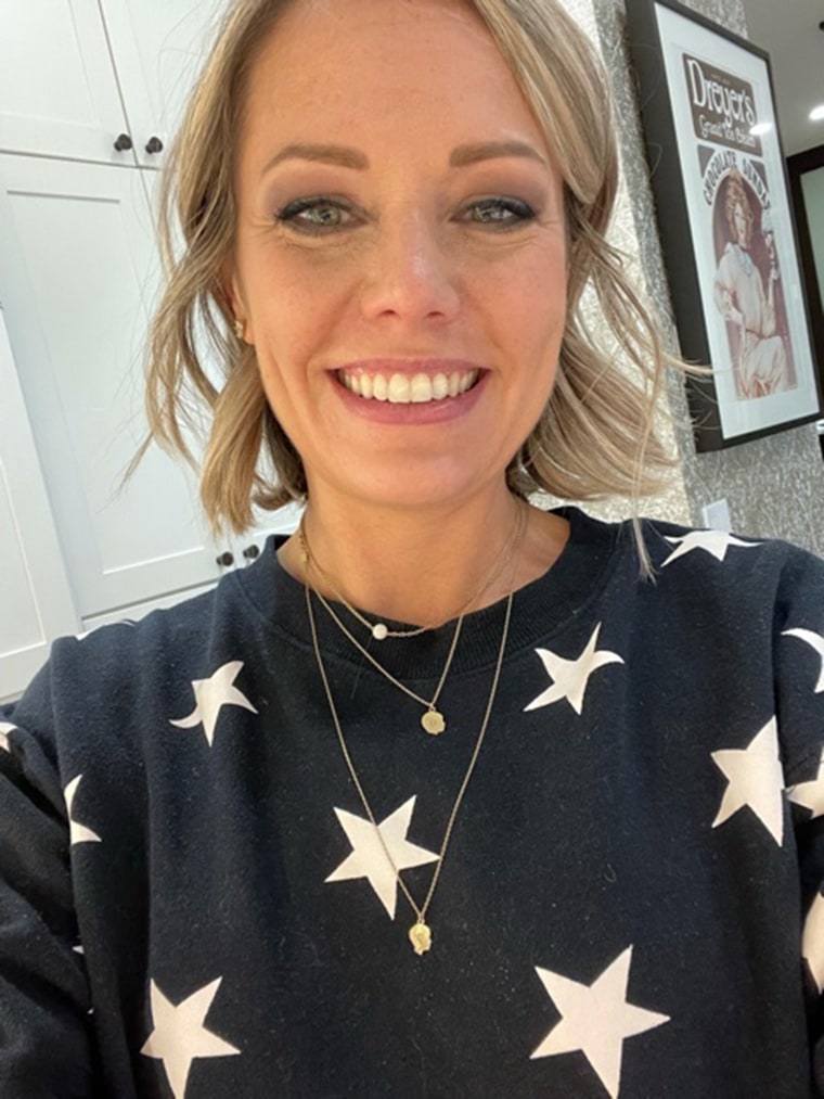 Dylan Dreyer wears a necklace with a breast milk pendant that resembles a dainty pearl.