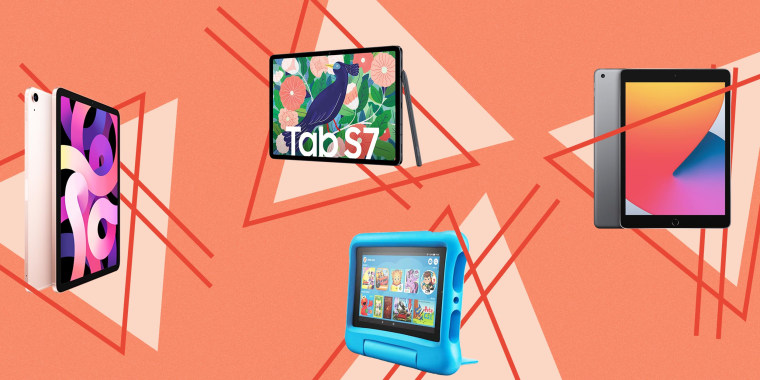 Illustration of the Amazon Fire HD 8 Kids Edition, Apple 10.2-inch iPad, Apple iPad Air in pink and Samsung Galaxy Tab S7. These are the best tablets of 2021 that are affordable alternatives to the iPad Pro. Shop the best tablets from Apple, Samsung, Amaz