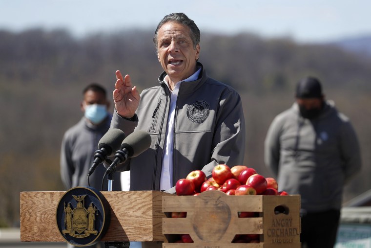 Image: New York Gov. Andrew Cuomo speaks during an event announcing mobile unit vaccination sites for farmworkers and other agribusinesses in New York, at the Angry Orchard Cider House