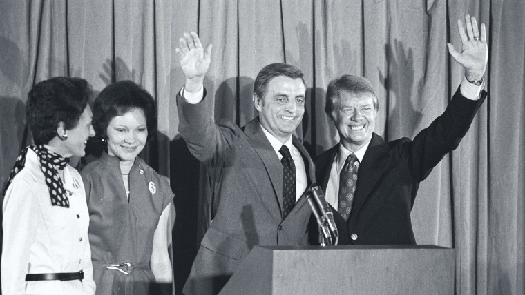 Image: Candidates Jimmy Carter and Walter Mondale stand with their wives at a 1976 Democratic Convention press conference.