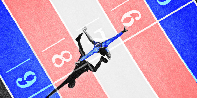 Photo illustration of a person on a race track where the colors form the transgender pride flag.