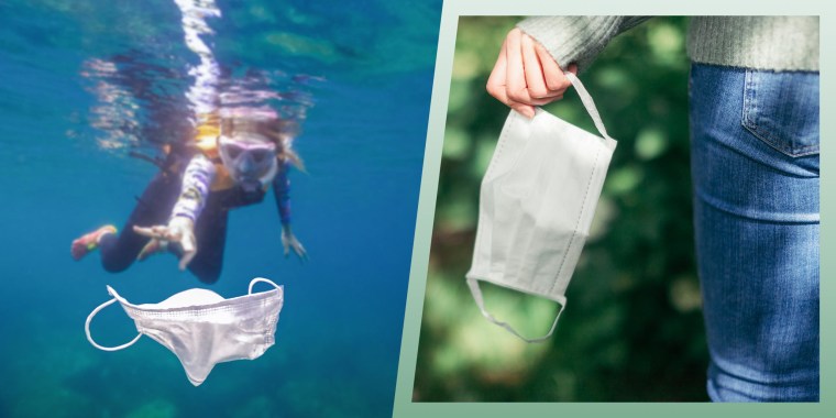 Illustration of two images a Volunteer girl snorkeling with swimsuit and picking up a mask garbage on ocean and a hand holding a mask. See the best eco-friendly and sustainable masks of 2021 to help prevent face mask pollution. The best eco-friendly face