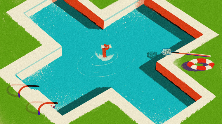 Illustration of a persons fist holding a single dollar bill as they drown in a pool shaped like a medical cross.