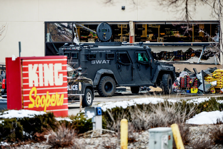 Emergency crews respond to a call of an active shooter at the King Soopers grocery store in Boulder, Colo., on March 22. 2021.