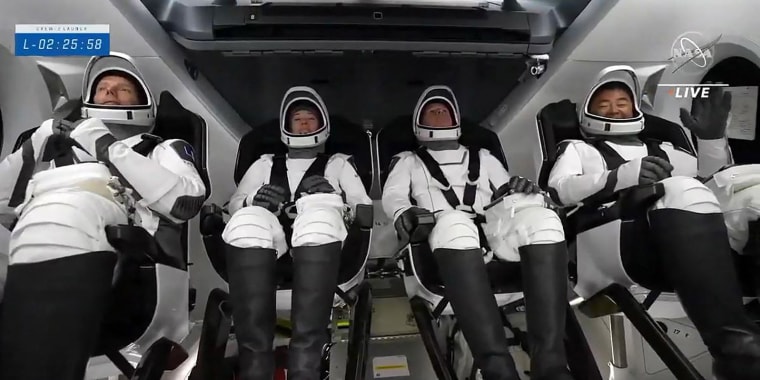 Image: Thomas Pesquet, Megan McArthur, Shane Kimbrough and Akihiko Hoshide, inside the capsule at at NASA's Kennedy Space Center in Fla.