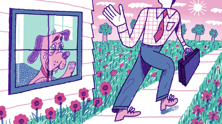 Illustration of a dog crying inside the home, watching his owner wave goodbye on their way to work.