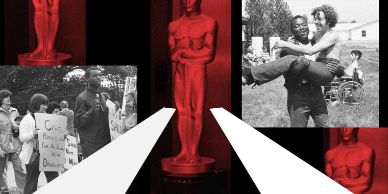 Photo illustration: Stills from the film, \"Crip Camp: A Disability Revolution\", image of the Academy Awards statue and two ramps going towards it.