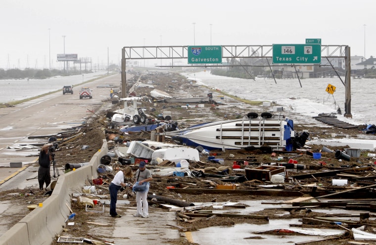 Image: Debris on I-45 highway at the entrance of Galveston is seen after Hurricane Ike hit the Gulf of Mexico near Gallveston