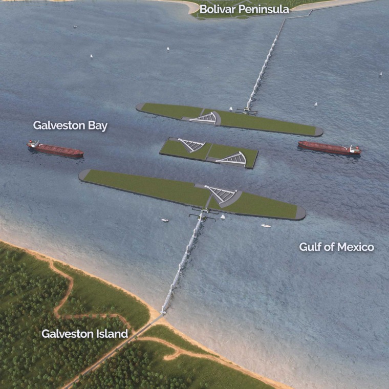 An aerial view of navigation gates at the mouth of Galveston Bay, proposed by the U.S. Army Corps of Engineers as part of the coastal barrier system for southeast Texas.