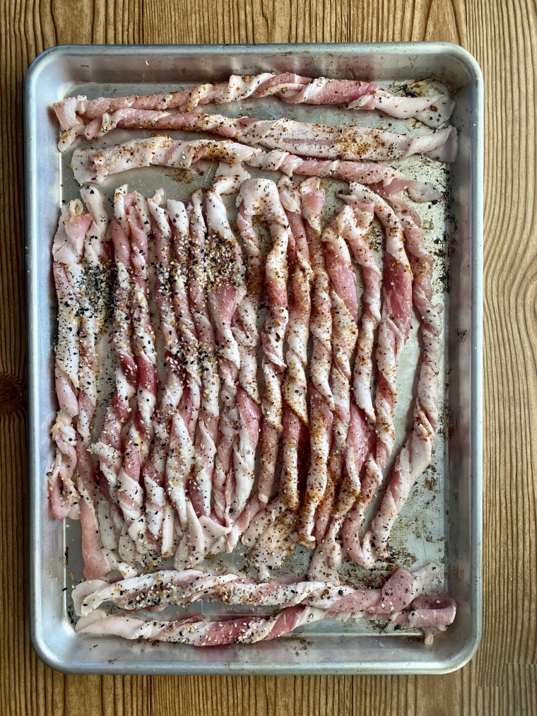 For chewier bacon, go with looser twirls; for a crispier bite, twist the bacon tightly.