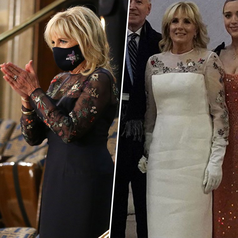 side by side comparison of jill biden in two dresses, one navy and one ivory.
