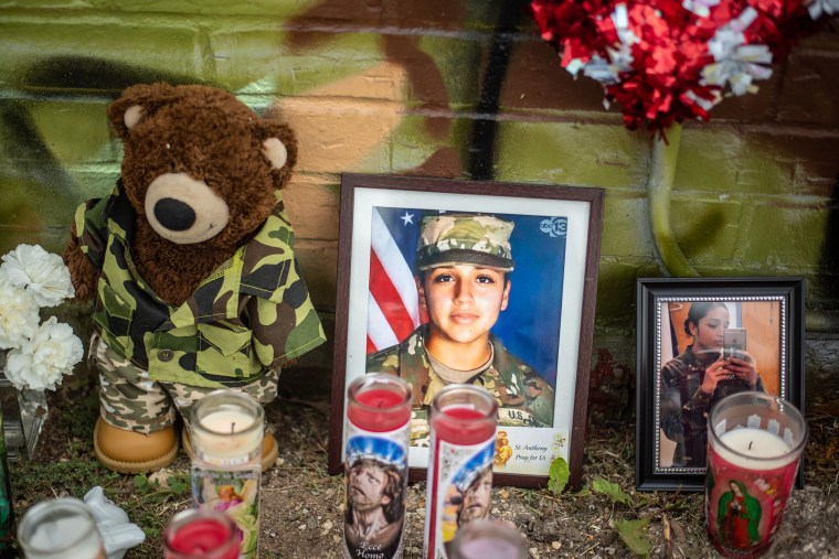 Image: People pay respects at a mural of Vanessa Guillen, a soldier based at nearby Fort Hood