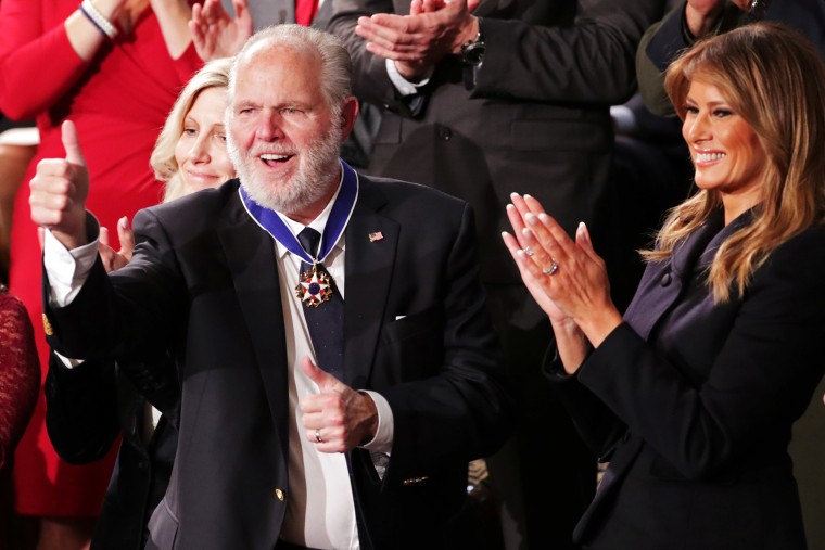 Image: Conservative radio talk show host Rush Limbaugh reacts as he is awarded the Presidential Medal of Freedom in Washington