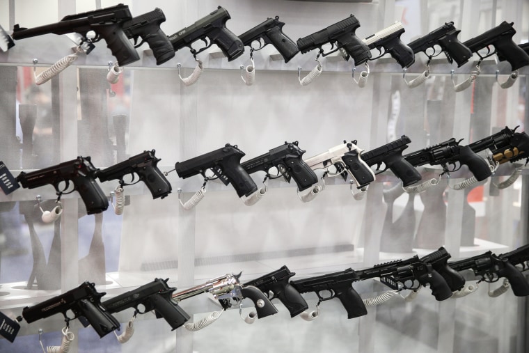 Firearms are on display during the NRA's annual convention on May 6, 2018, in Dallas.