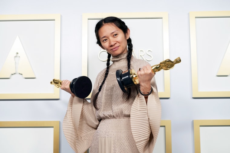 Chloe Zhao poses in the press room during the 93rd Annual Academy Awards on April 25, 2021, in Los Angeles.
