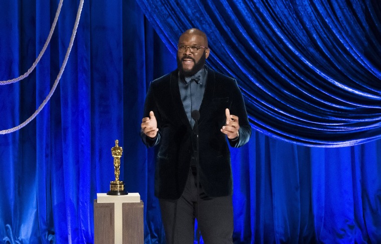 Tyler Perry accepts the Jean Hersholt Humanitarian Award onstage during the 93rd Annual Academy Awards on April 25, 2021, in Los Angeles.