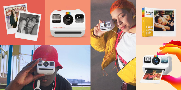 Illustration of the Polaroid Now Starter Set with the camera, and two people taking pictures using the Polaroid Now Starter Set. The Polaroid Go is Polaroid's smallest analog instant camera. Learn what you need to know about the new Polaroid camera and ho