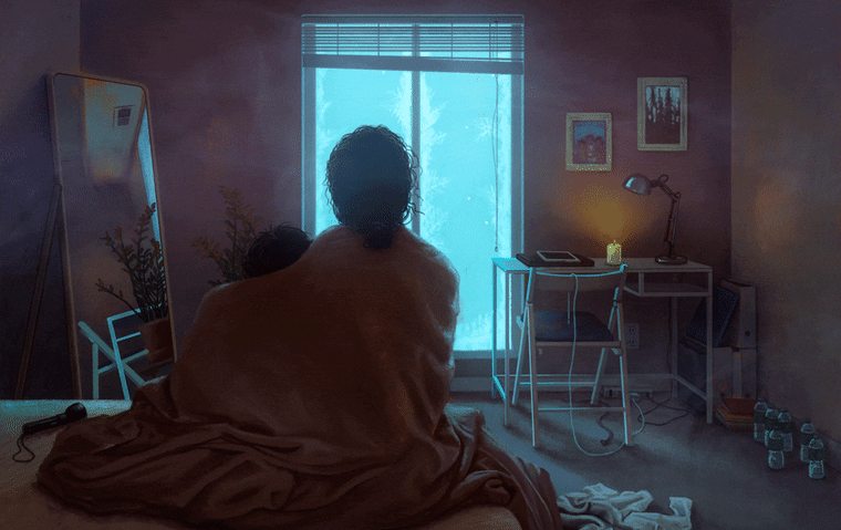 Illustration of a woman and child huddled with a blanket as carbon monoxide gas floats through the darkened, cold room.