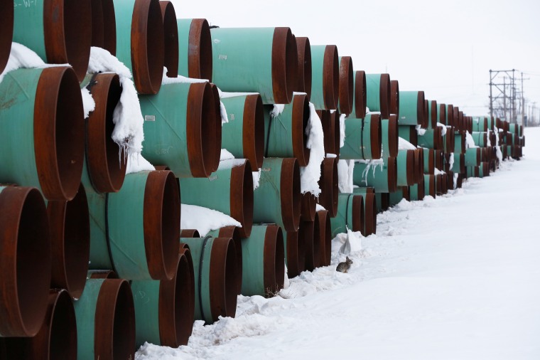 A depot houses pipes for Transcanada Corp's planned Keystone XL oil pipeline in Gascoyne, N.D., on Jan. 25, 2017.