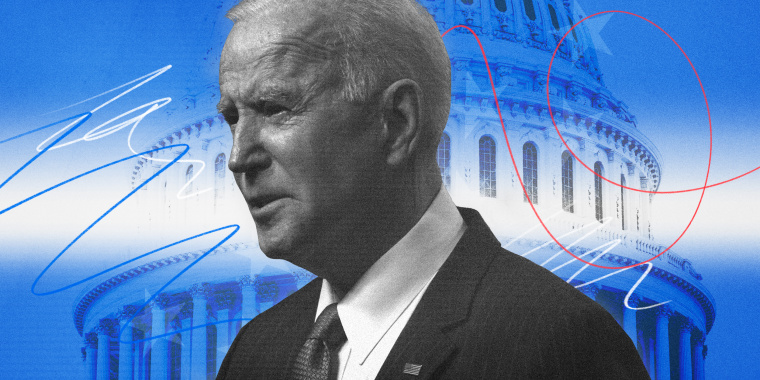 Illustration of President Joe Biden against a background of the Capitol dome with scribble marks.