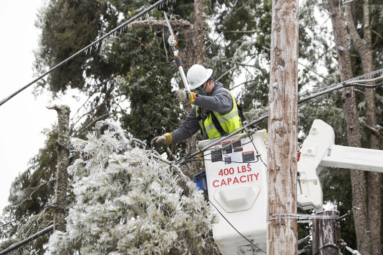 IMAGE: An AEP worker cuts tree branches from a power line