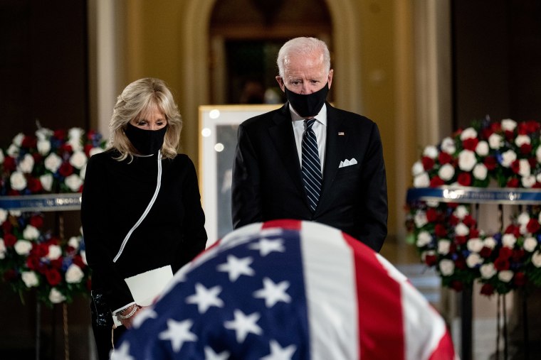 Image: Democratic presidential nominee Joe Biden and his wife Dr. Jill Biden pay their respects to the late Associate Justice Ruth Bader Ginsburg during a memorial service in honor in the Statuary Hall of the U.S. Capitol