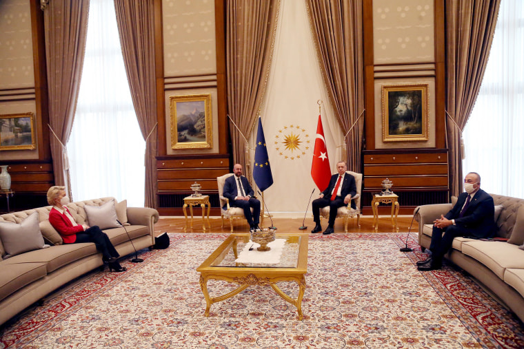 Image: Turkish President Recep Tayyip Erdogan meets with European Council President Charles Michel and European Commission President Ursula von der Leyen in Ankara, Turkey