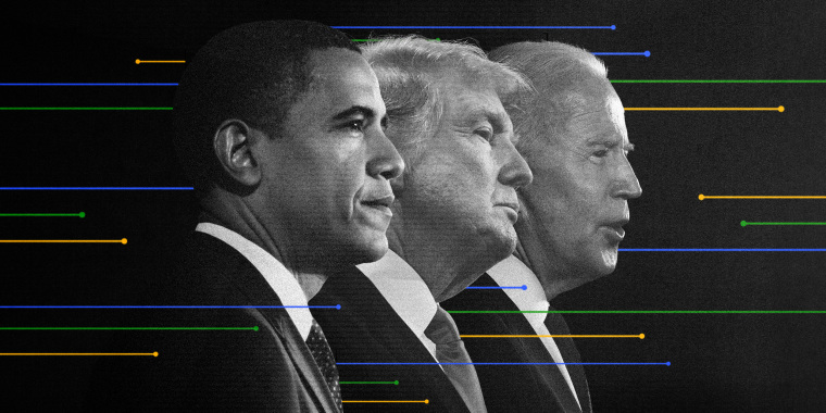 Illustration of former Presidents Barack Obama, Donald Trump and President Joe Biden with overlapping line graphs.
