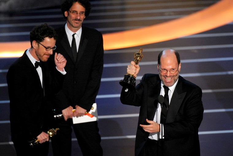 Producers Ethan Coen, Joel Coen, and Scott Rudin onstage during the 80th Annual Academy Awards at the Kodak Theatre on Feb. 24, 2008 in Los Angeles.