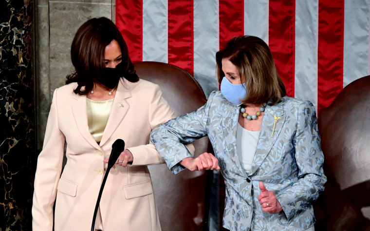Image: Vice President Kamala Harris and House Speaker Nancy Pelosi bump elbows before President Joe Biden's joint address to Congress at the Capitol on April 28, 2021.