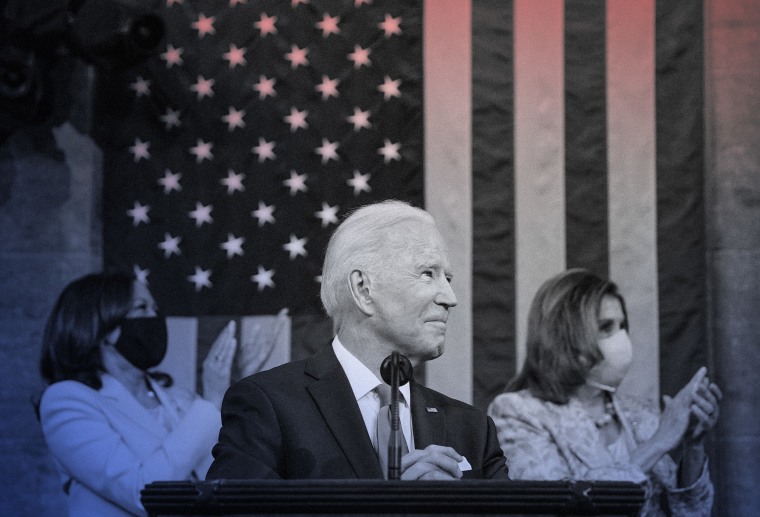 Image: President Joe Biden addresses a joint session of Congress with Vice President Kamala Harris and House Speaker Nancy Pelosi on April 28, 2021.