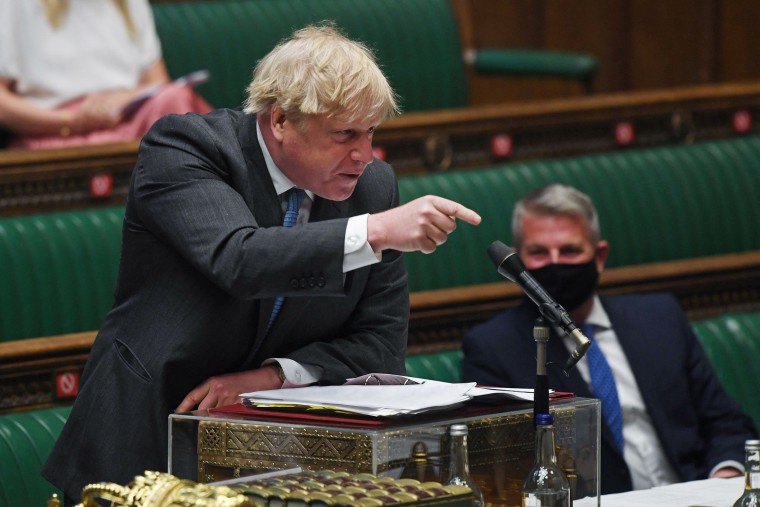 Image: Johnson points at Starmer during Prime Minister's Questions on Wednesday