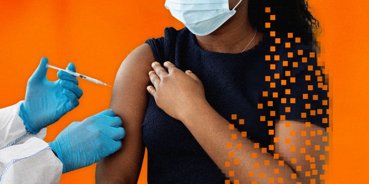 Illustration shows a Black woman receiving a vaccine with glitchy, pixelated parts of her arm and body missing.