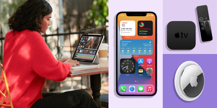 Illustration of a Woman on her iPad Pro, the new iPhone 12 in purple, and Airtag and a remote and box for the 4K Apple Tv. Apple announced new 2021 products including the Apple TV 4K, Apple AirTag and a new iMac. Learn how to buy the items.