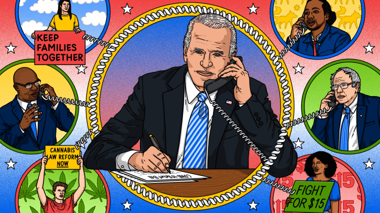 Illustration of President Joe Biden on the phone with progressive activists and political leaders connected by phone lines.