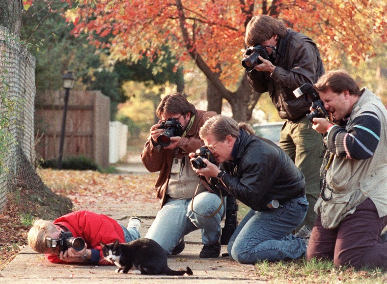 Image: Press photographers surround Socks, the Clinton family cat, in Little Rock, Ark., in 1992.