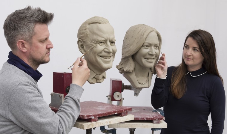 The clay heads of President Joe Biden and Vice President Kamala Harris that will be used to make their wax figures.