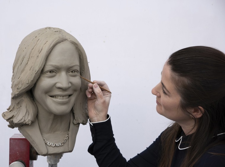 The clay head of  Vice President Kamala Harris that will be used to make her wax figure.