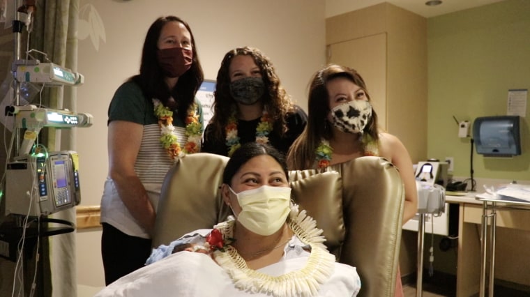 North Kansas City Hospital NICU Nurses Lani Bamfield, Amanda Beeding and Mimi Ho shared an emotional reunion with the new mom.