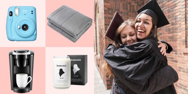 Illustration of Two High School students wearing a graduation caps and gowns hug, a weighted blanket, a Homesick Candle, a Keurig and a Fuji Instax Mini 11 in blue