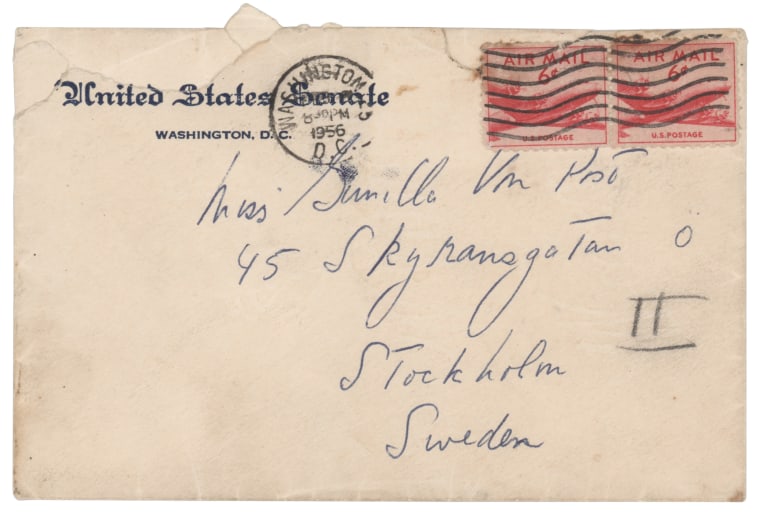 This photo shows an envelope that John F. Kennedy addressed to a Swedish paramour a few years after he married Jacqueline Bouvier, according to Boston-based RR Auction.